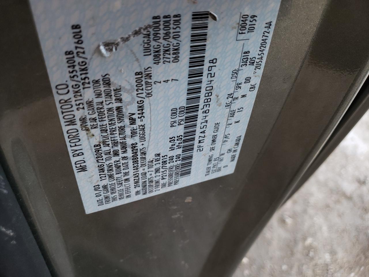 Photo 10 from auction – 2003 FORD WINDSTAR L with VIN 2FMZA51483BB04298