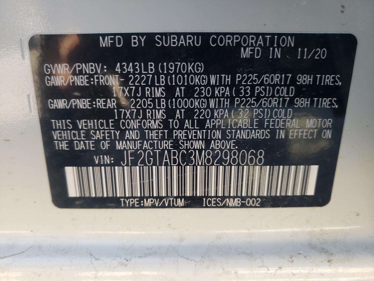 Photo 10 from auction – 2021 SUBARU CROSSTREK with VIN JF2GTABC3M8298068