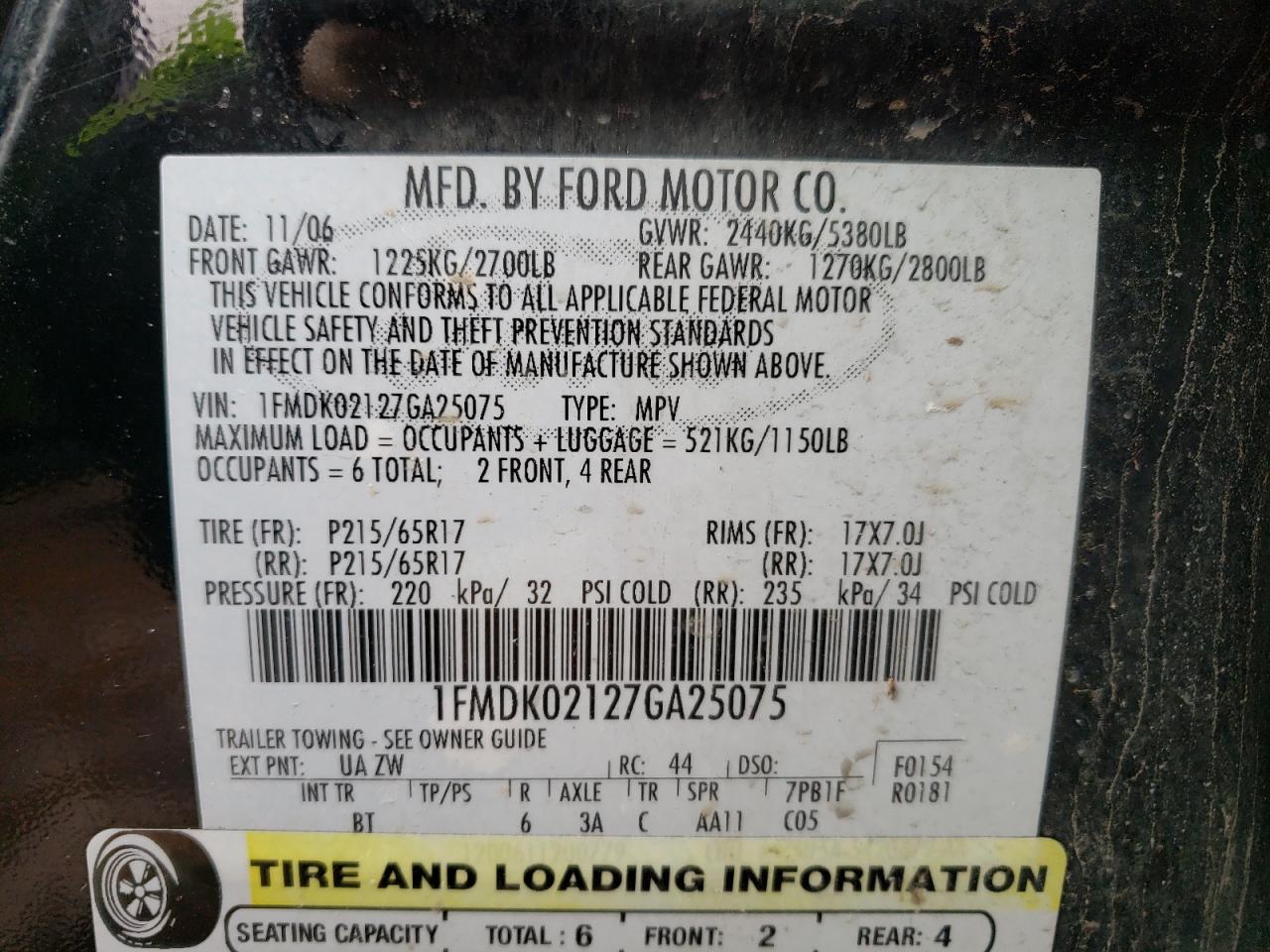 Photo 10 from auction – 2007 FORD FREESTYLE with VIN 1FMDK02127GA25075