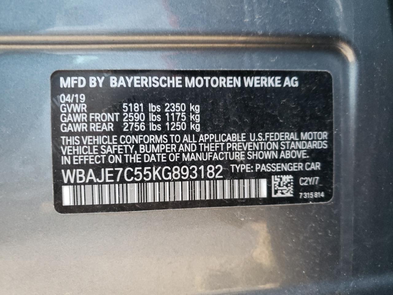 Photo 10 from auction – 2019 BMW 540 XI with VIN WBAJE7C55KG893182