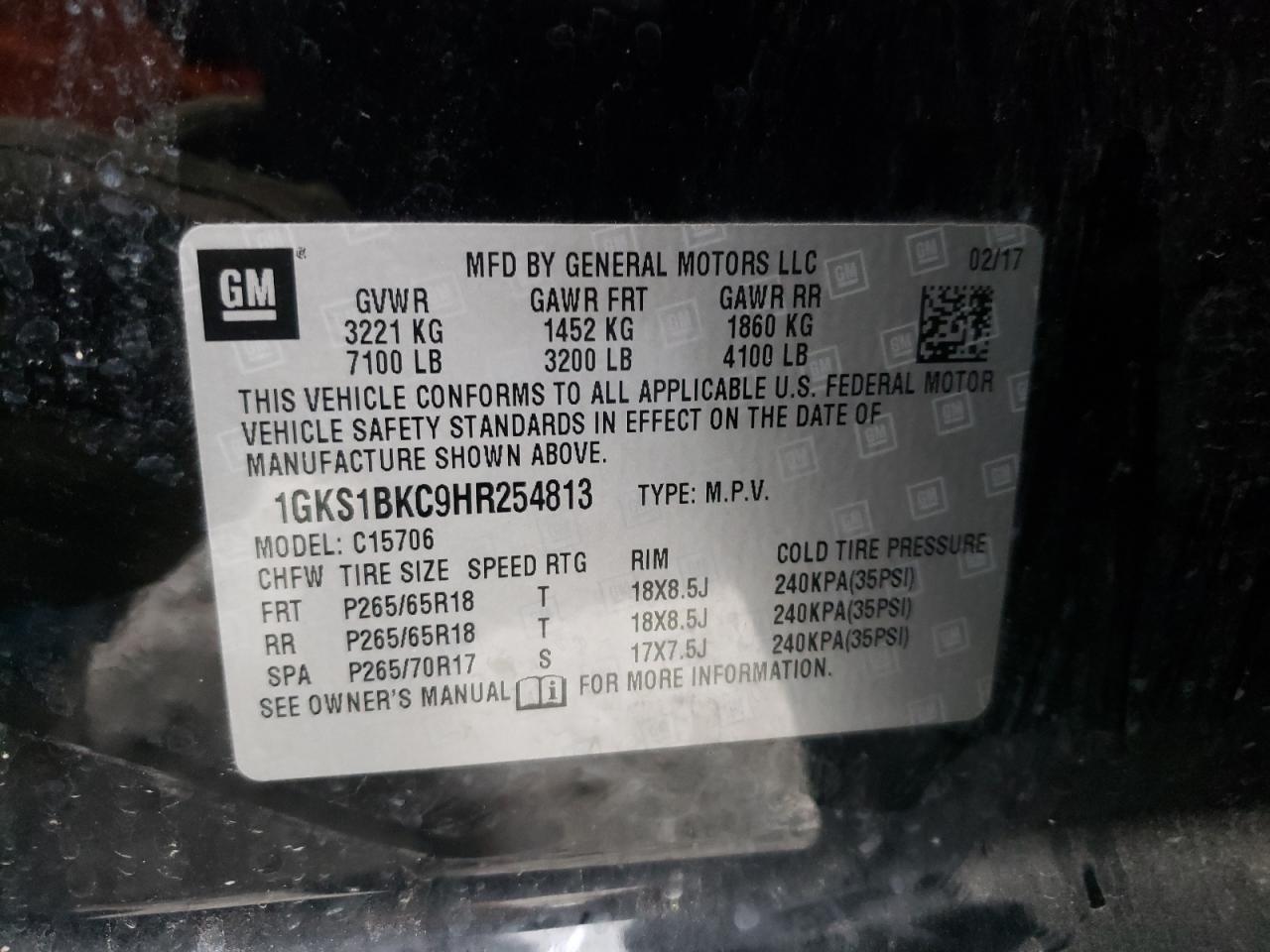 Photo 10 from auction – 2017 GMC YUKON SLT with VIN 1GKS1BKC9HR254813
