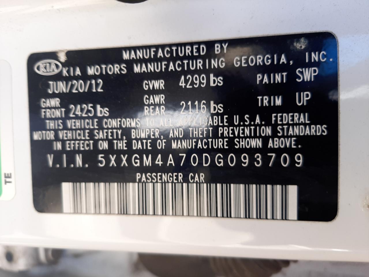 Photo 10 from auction – 2013 KIA OPTIMA LX with VIN 5XXGM4A70DG093709