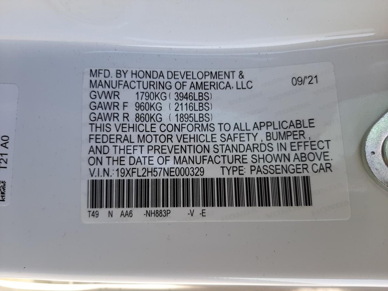 Photo 10 from auction – 2022 HONDA CIVIC LX with VIN 19XFL2H57NE000329