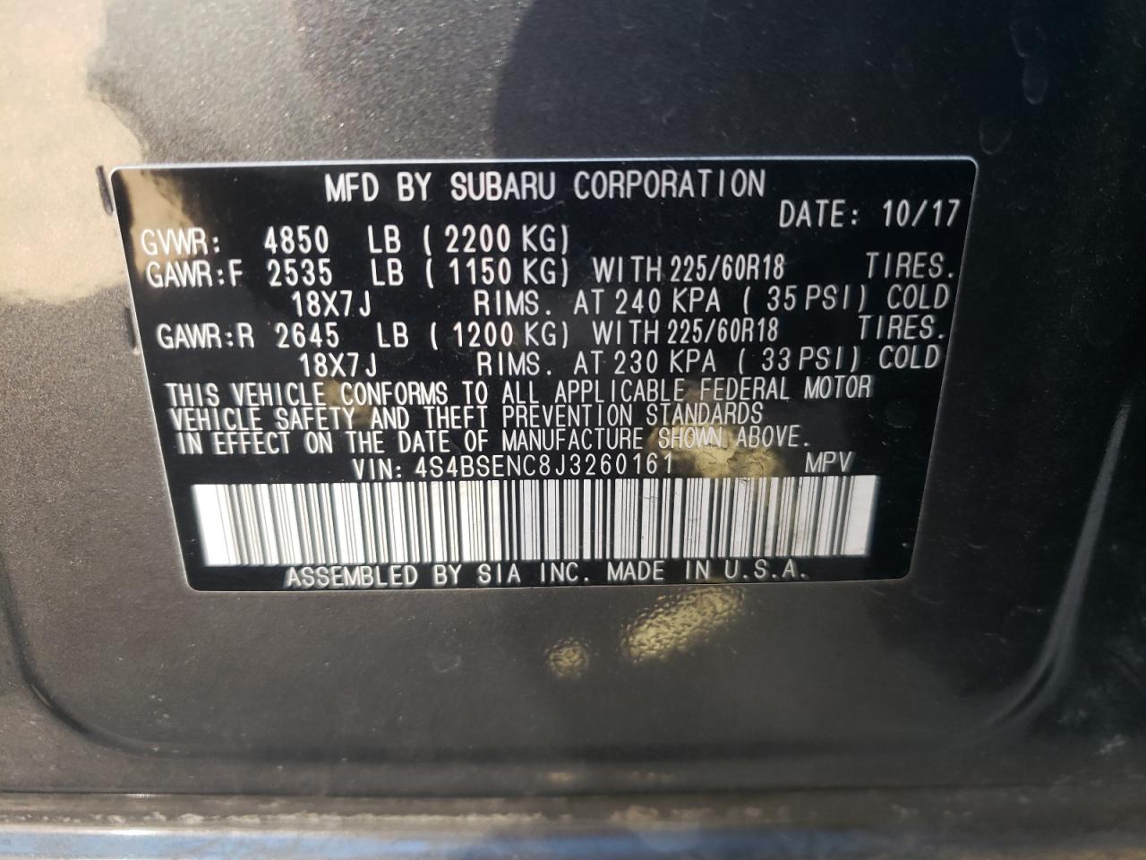 Photo 10 from auction – 2018 SUBARU OUTBACK 3. with VIN 4S4BSENC8J3260161