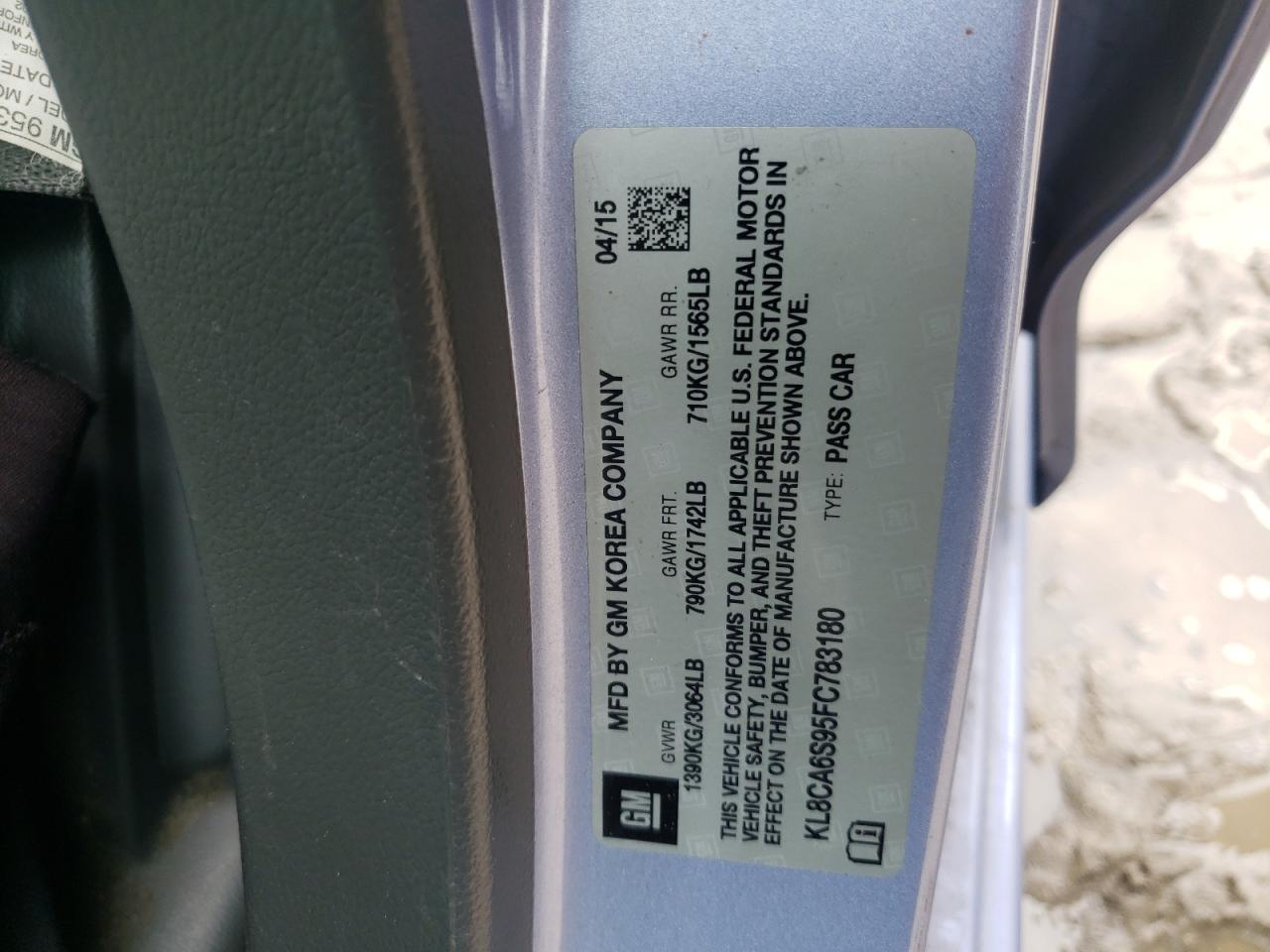 Photo 10 from auction – 2015 CHEVROLET SPARK LS with VIN KL8CA6S95FC783180