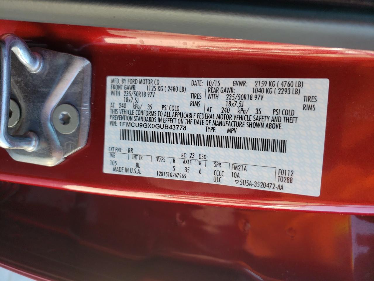 Photo 10 from auction – 2016 FORD ESCAPE SE with VIN 1FMCU9GX0GUB43778