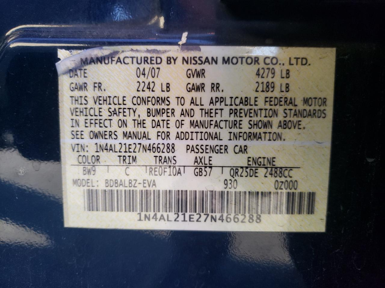 Photo 10 from auction – 2007 NISSAN ALTIMA 2.5 with VIN 1N4AL21E27N466288