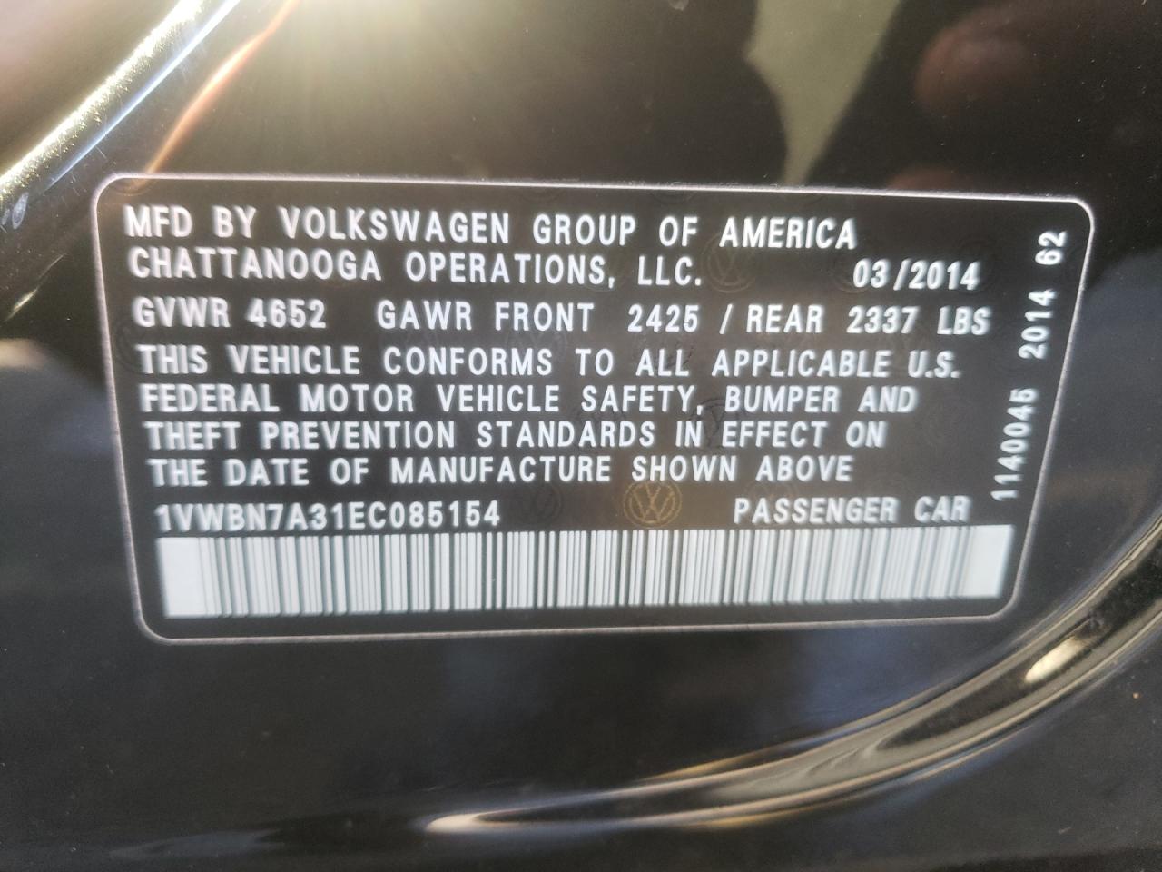 Photo 10 from auction – 2014 VOLKSWAGEN PASSAT SE with VIN 1VWBN7A31EC085154