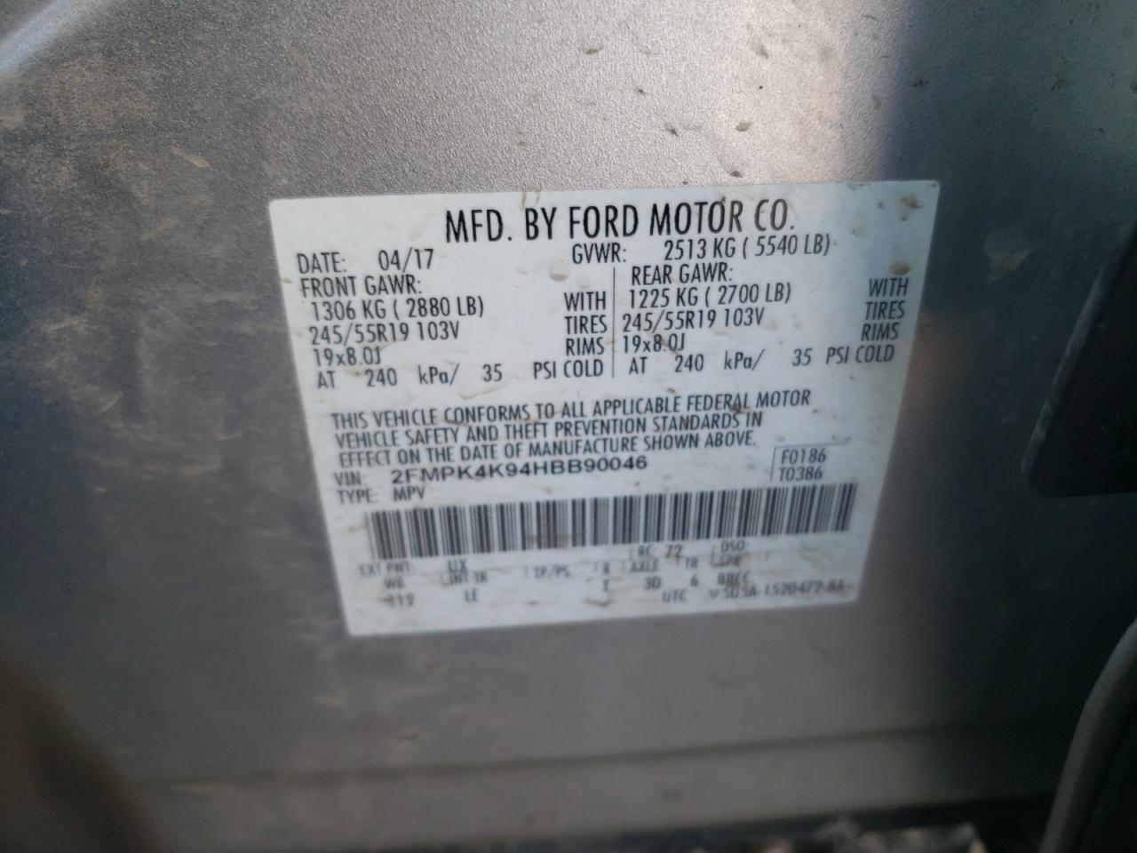 Photo 10 from auction – 2017 FORD EDGE TITAN with VIN 2FMPK4K94HBB90046