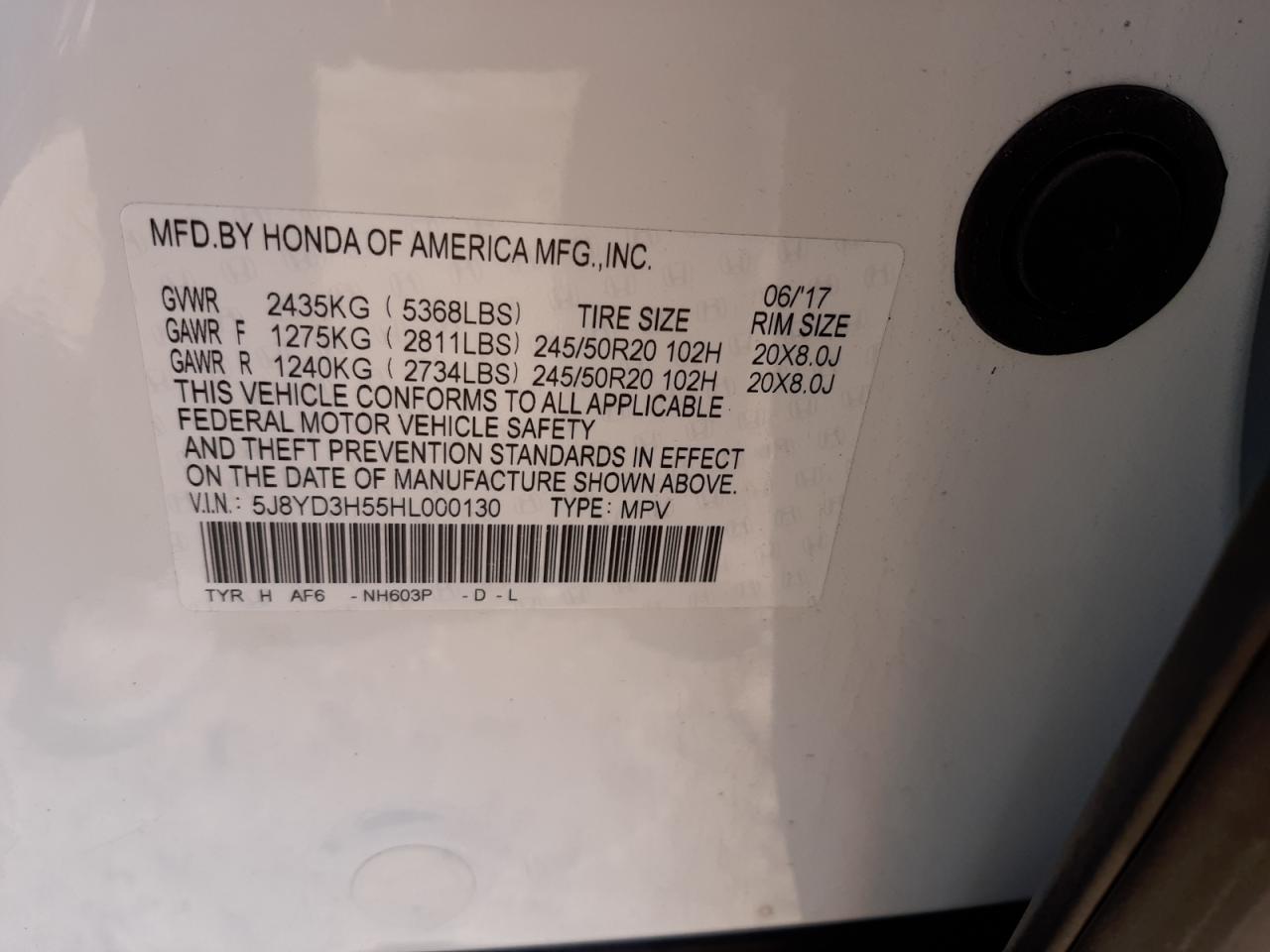 Photo 10 from auction – 2017 ACURA MDX TECHNO with VIN 5J8YD3H55HL000130