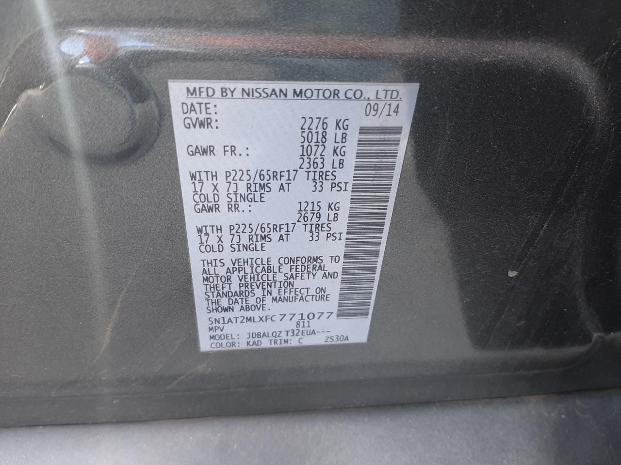 Photo 10 from auction – 2015 NISSAN ROGUE S with VIN 5N1AT2MLXFC771077