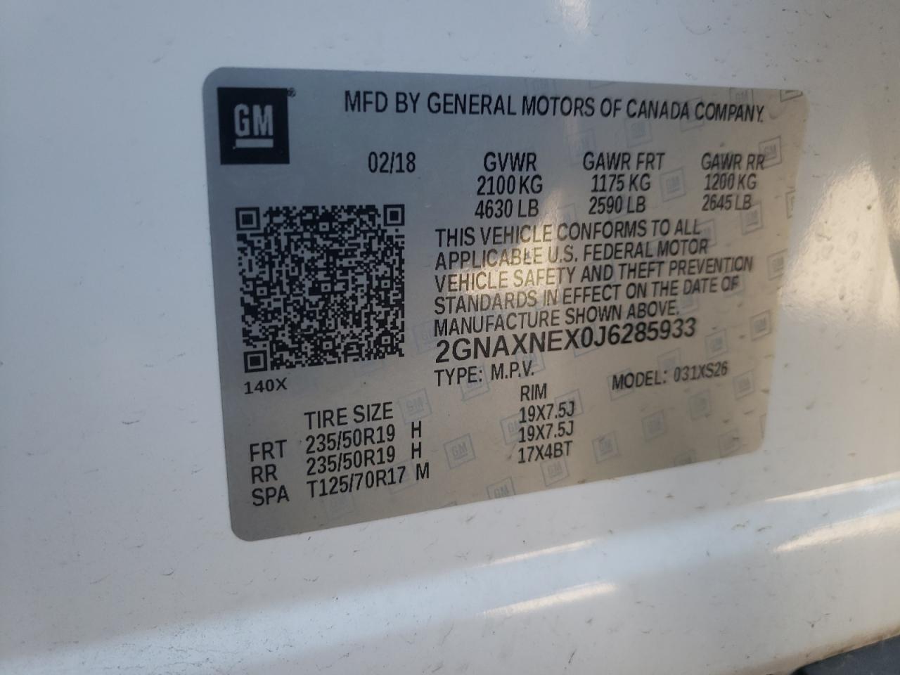 Photo 10 from auction – 2018 CHEVROLET EQUINOX PR with VIN 2GNAXNEX0J6285933