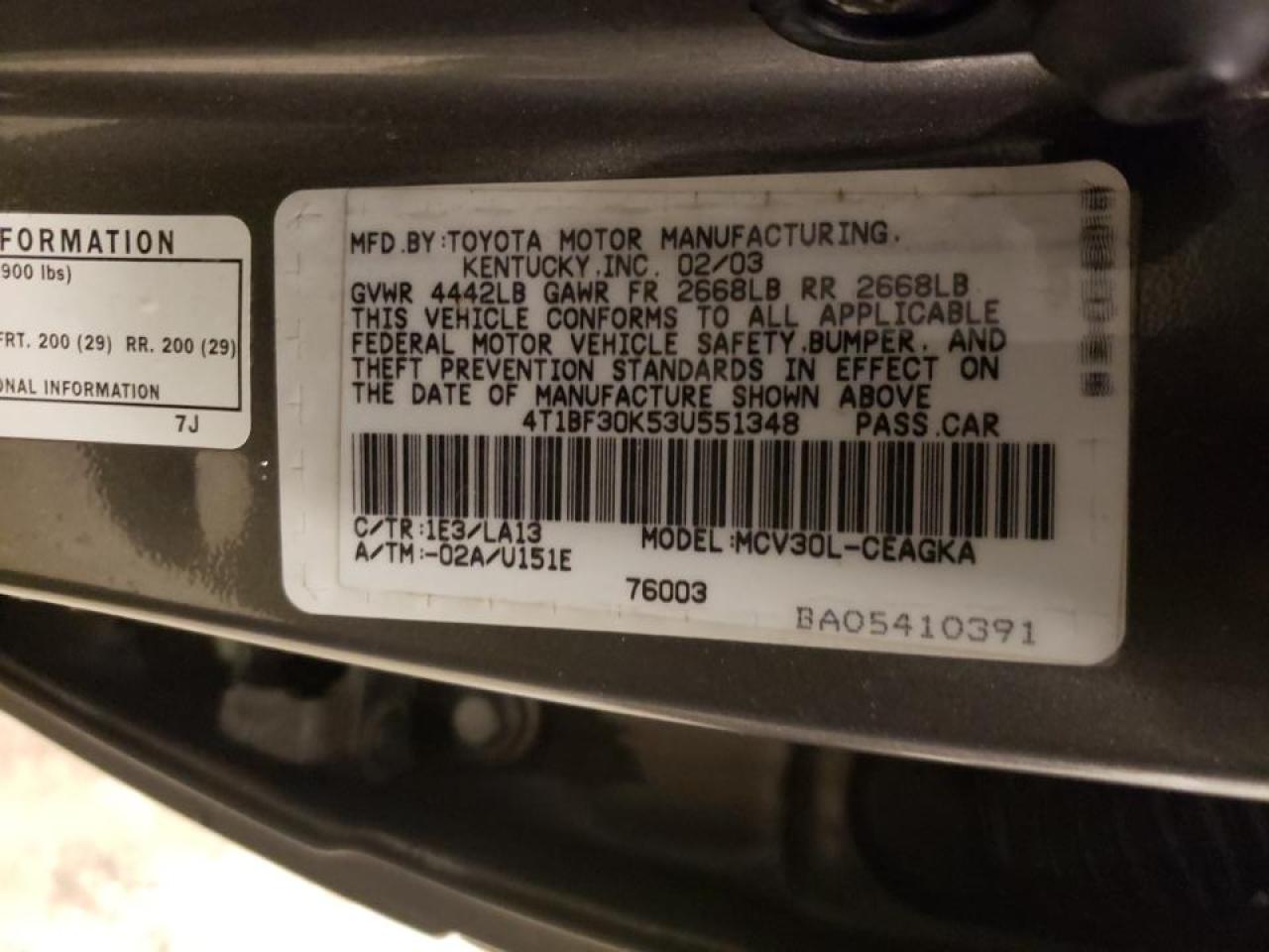 Photo 10 from auction – 2003 TOYOTA CAMRY LE with VIN 4T1BF30K53U551348