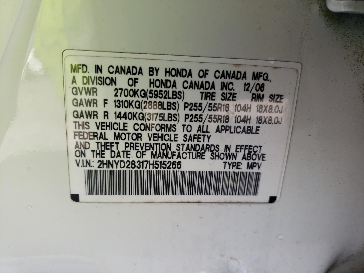 Photo 10 from auction – 2007 ACURA MDX TECHNO with VIN 2HNYD28317H515266