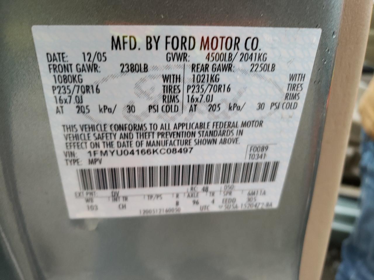 Photo 10 from auction – 2006 FORD ESCAPE LIM with VIN 1FMYU04166KC08497