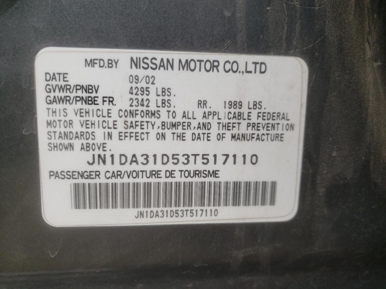 Photo 10 from auction – 2003 NISSAN MAXIMA GLE with VIN JN1DA31D53T517110