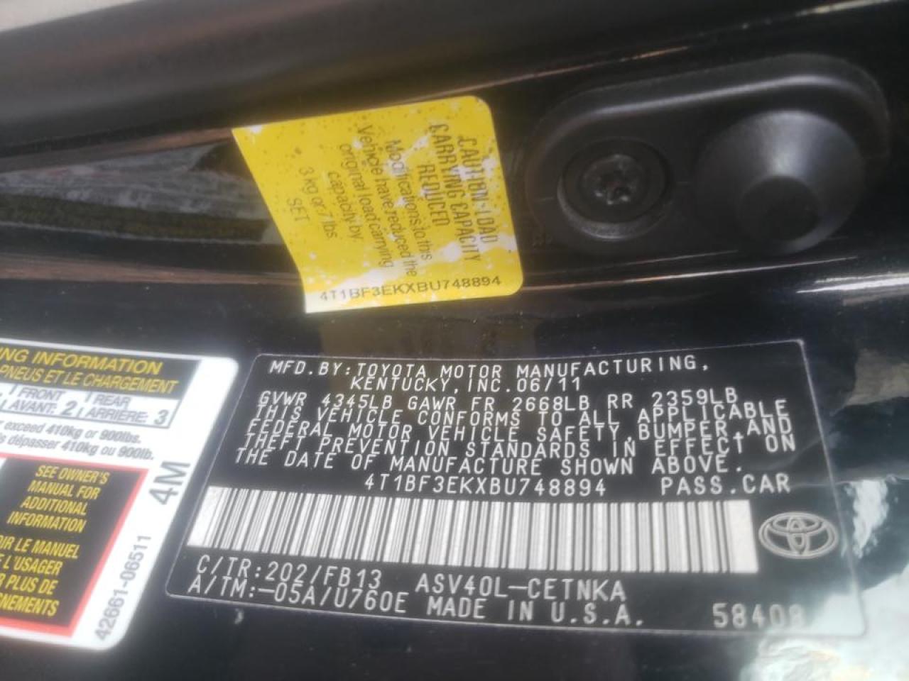 Photo 10 from auction – 2011 TOYOTA CAMRY BASE with VIN 4T1BF3EKXBU748894