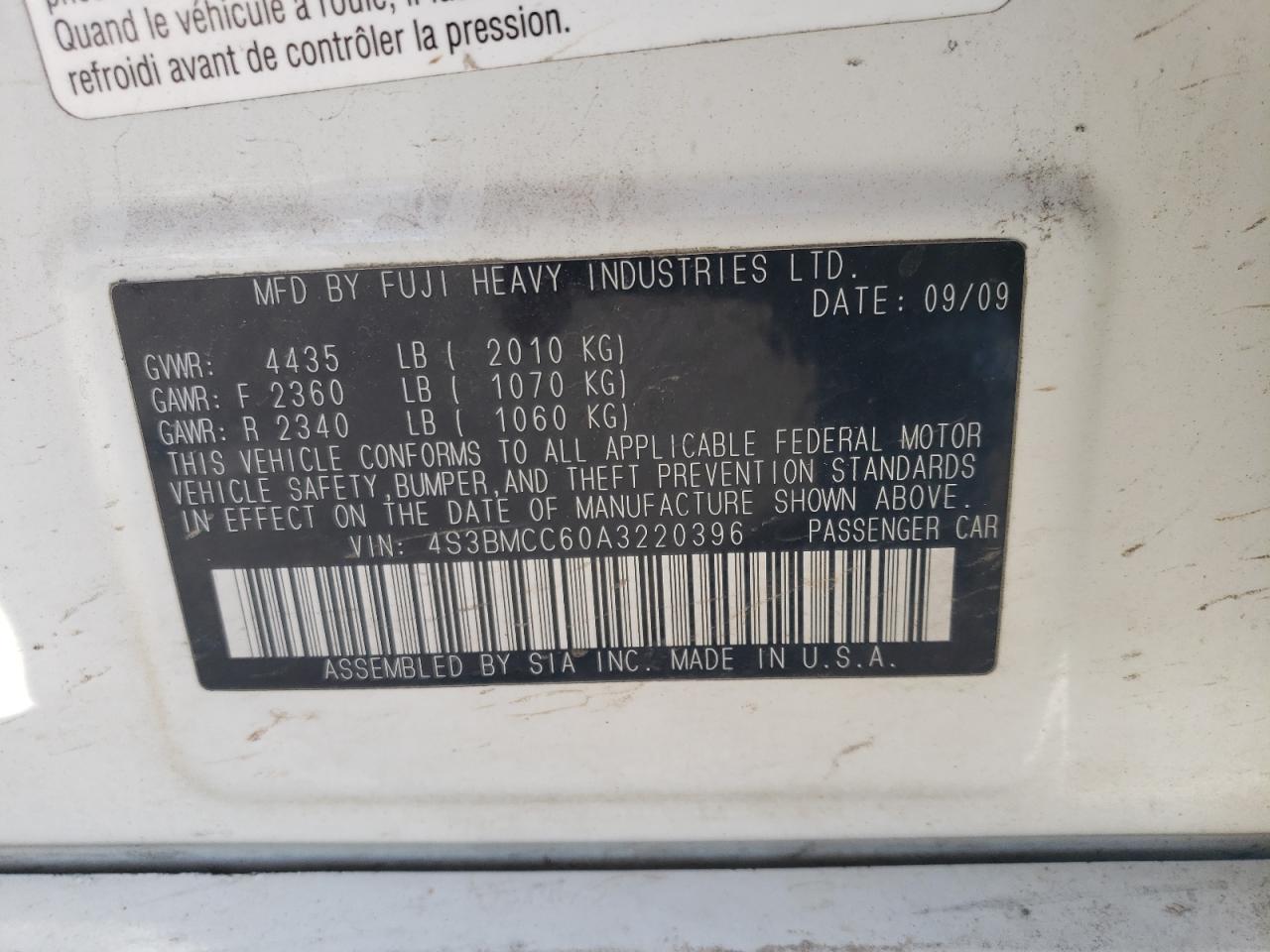 Photo 10 from auction – 2010 SUBARU LEGACY 2.5 with VIN 4S3BMCC60A3220396