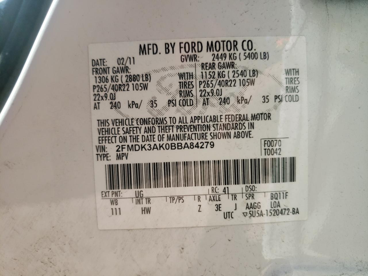 Photo 10 from auction – 2011 FORD EDGE SPORT with VIN 2FMDK3AK0BBA84279