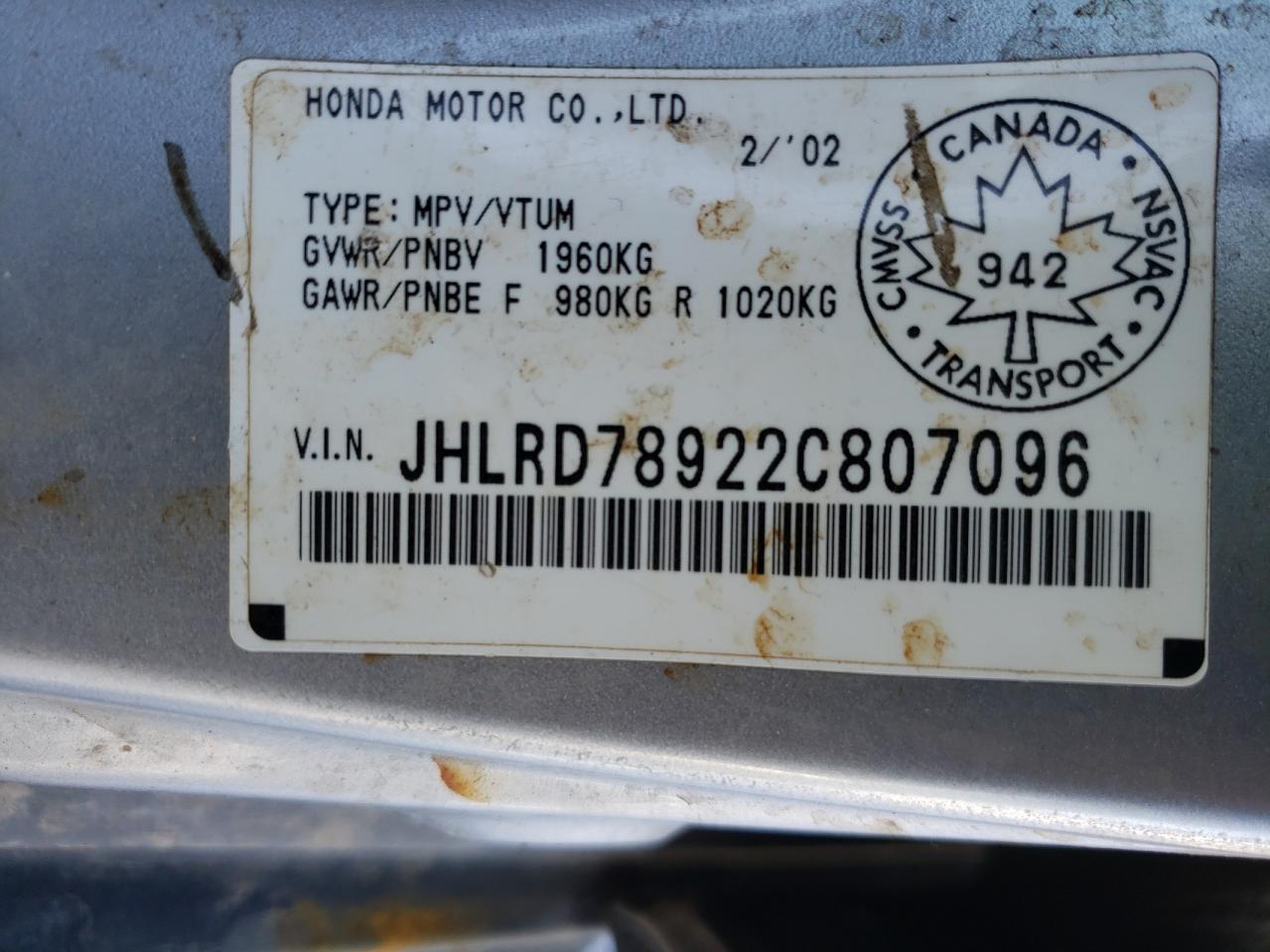 Photo 10 from auction – 2002 HONDA CR-V EX with VIN JHLRD78922C807096