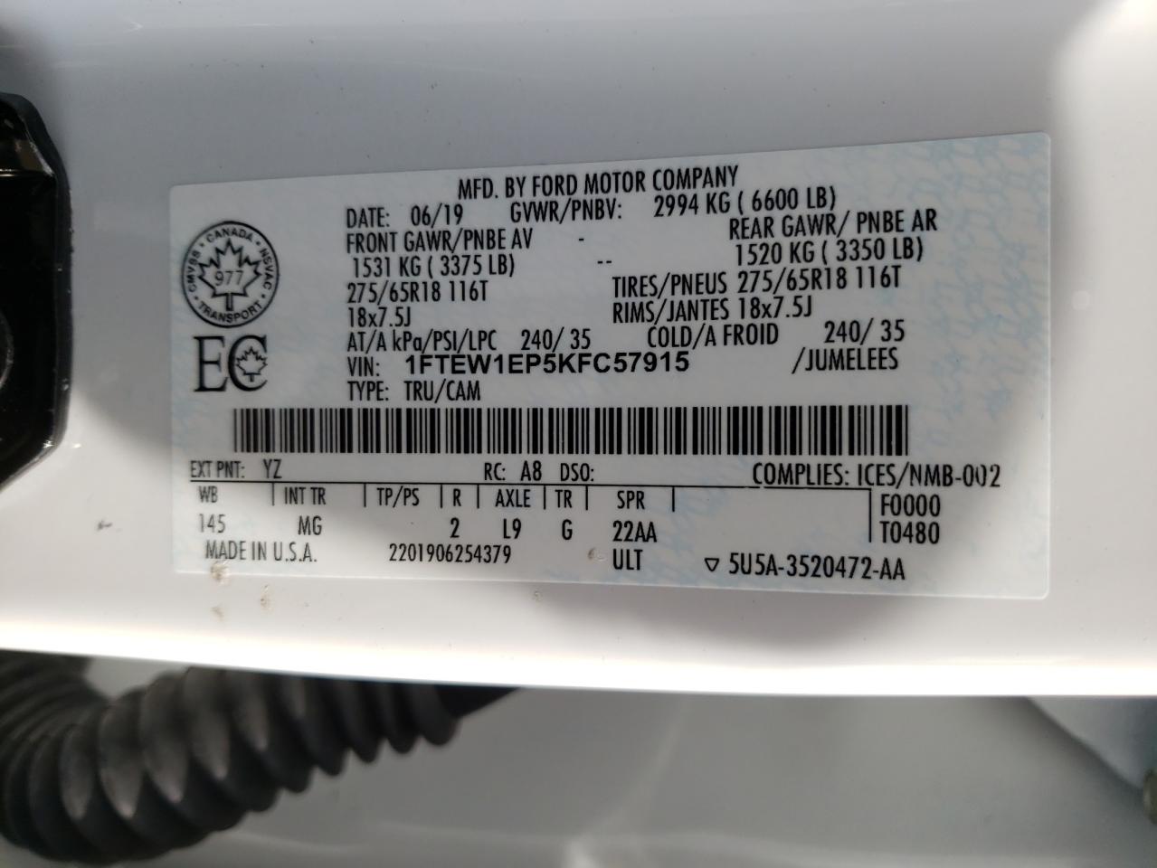 Photo 10 from auction – 2019 FORD F150 SUPER with VIN 1FTEW1EP5KFC57915