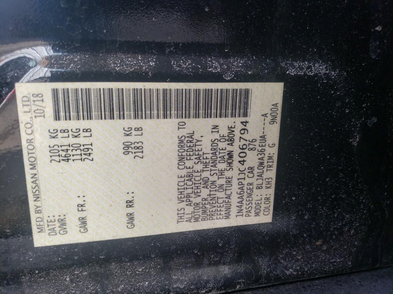 Photo 10 from auction – 2018 NISSAN MAXIMA 3.5 with VIN 1N4AA6AP1JC406794