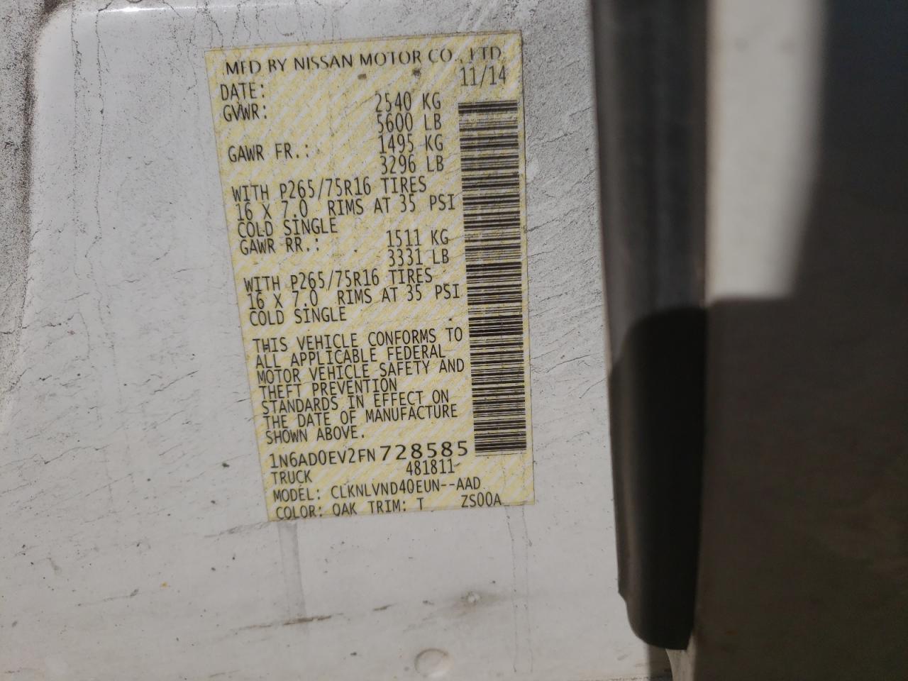 Photo 10 from auction – 2015 NISSAN FRONTIER S with VIN 1N6AD0EV2FN728585