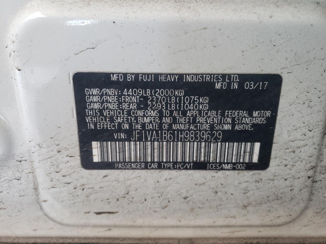 Photo 10 from auction – 2017 SUBARU WRX with VIN JF1VA1B61H9839629