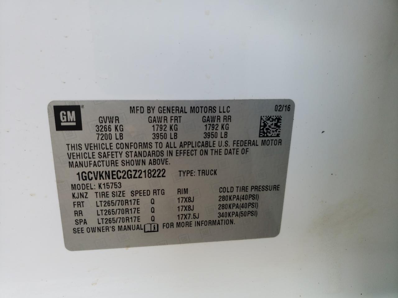 Photo 10 from auction – 2016 CHEVROLET SILVERADO with VIN 1GCVKNEC2GZ218222