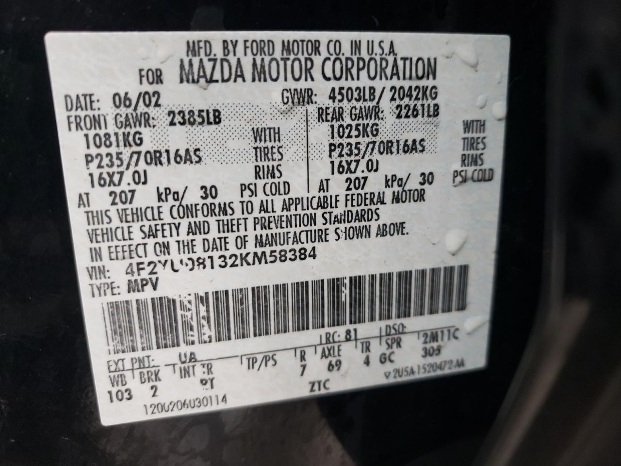 Photo 10 from auction – 2002 MAZDA TRIBUTE LX with VIN 4F2YU08132KM58384