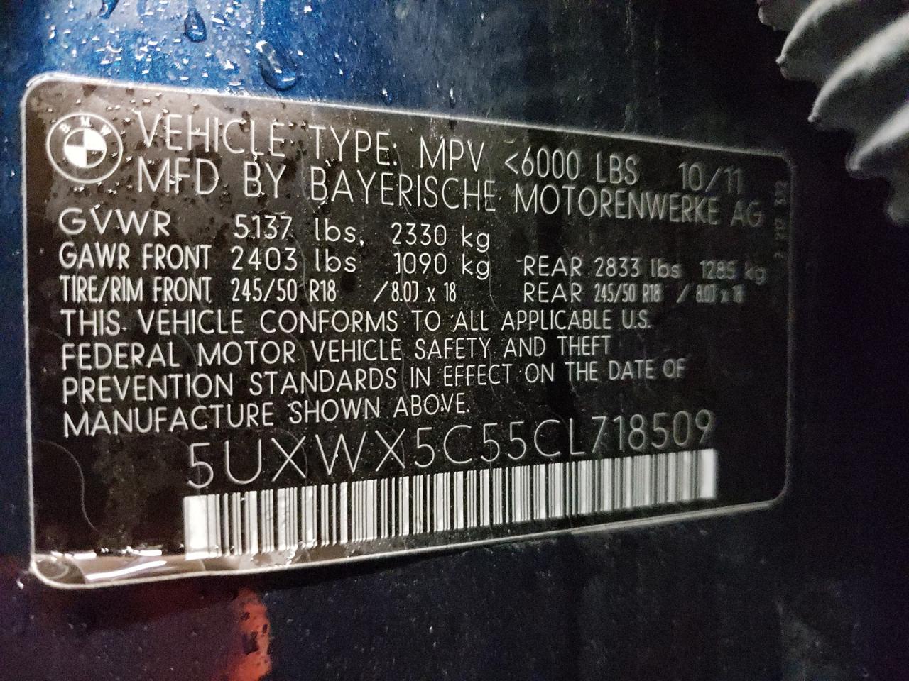 Photo 10 from auction – 2012 BMW X3 XDRIVE2 with VIN 5UXWX5C55CL718509