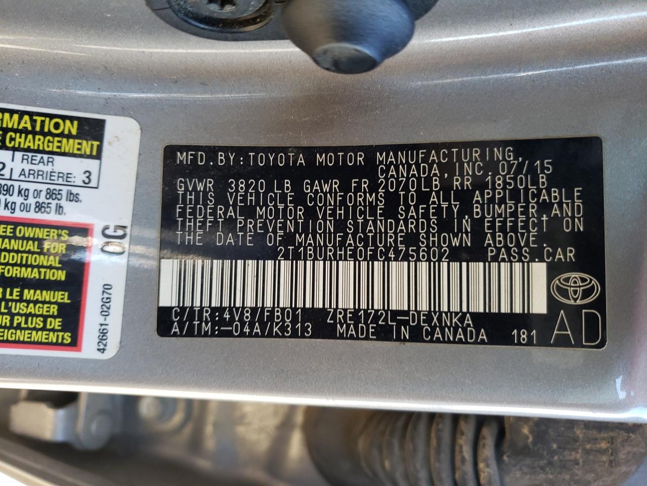 Photo 10 from auction – 2015 TOYOTA COROLLA L with VIN 2T1BURHE0FC475602
