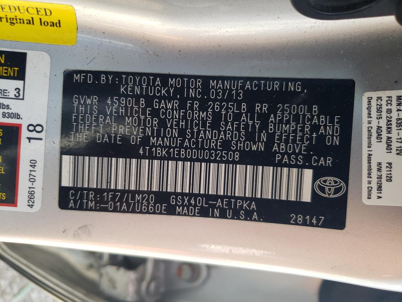 Photo 10 from auction – 2013 TOYOTA AVALON BAS with VIN 4T1BK1EB0DU032508