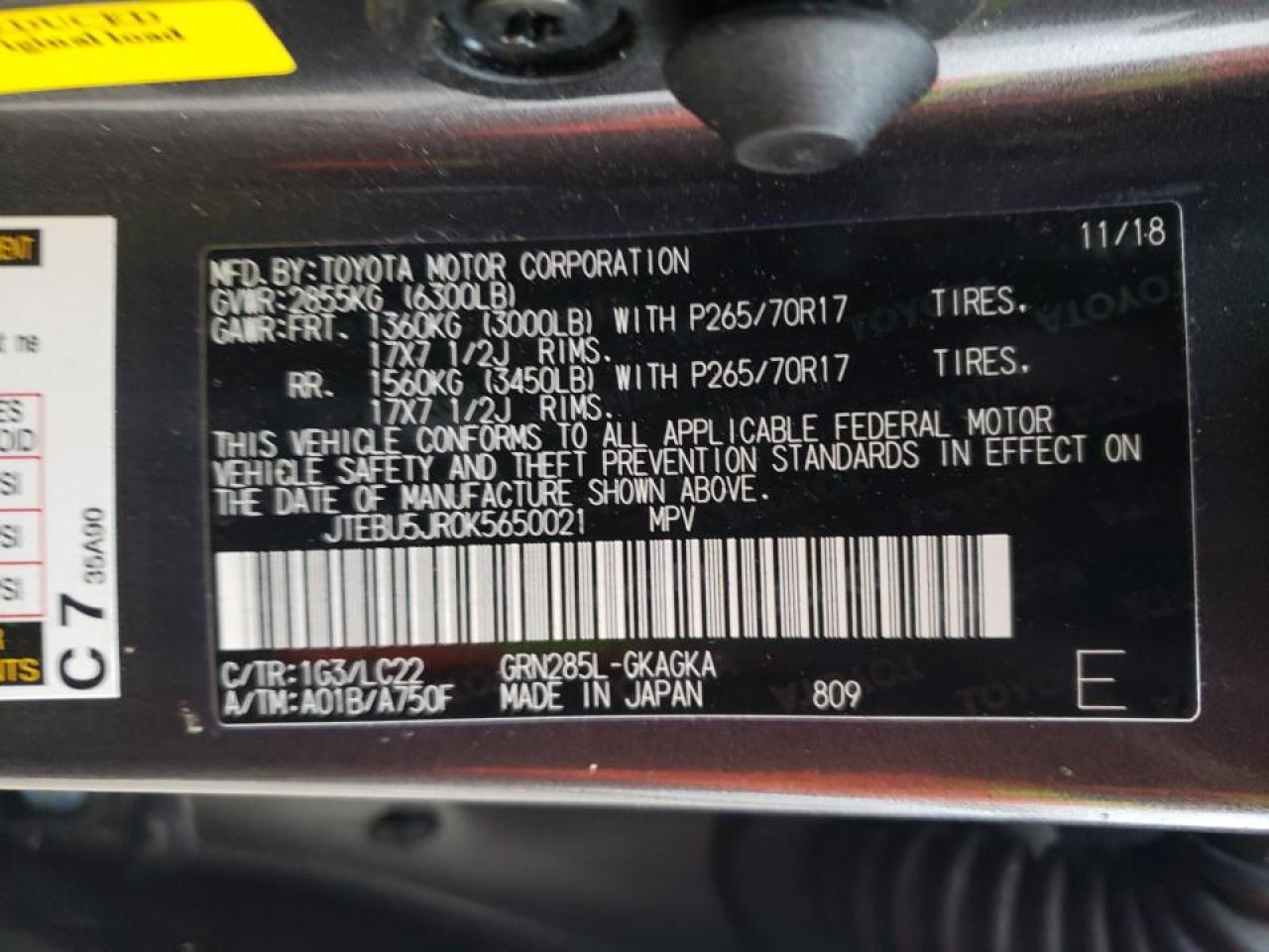 Photo 10 from auction – 2019 TOYOTA 4RUNNER SR with VIN JTEBU5JR0K5650021