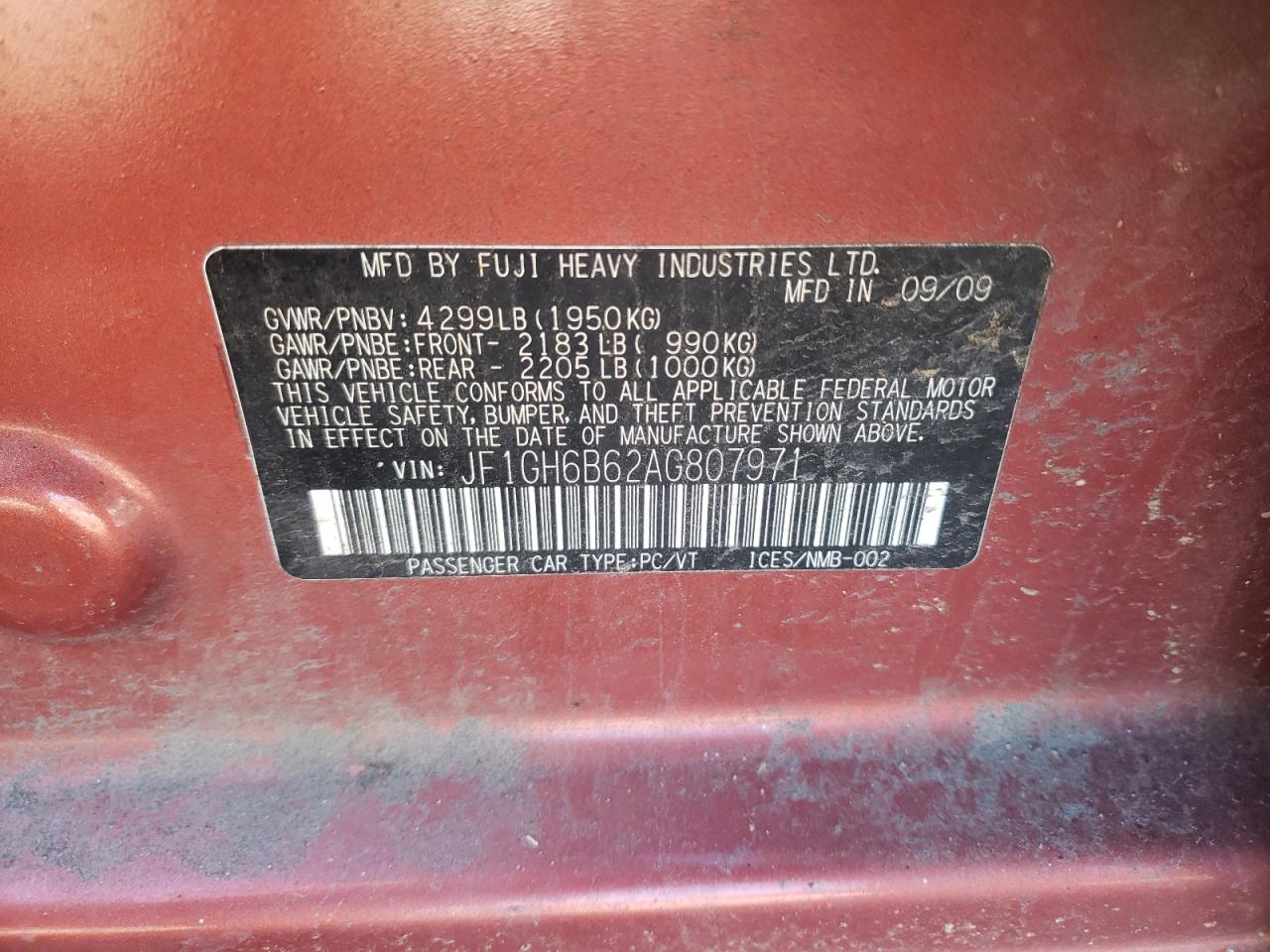 Photo 10 from auction – 2010 SUBARU IMPREZA with VIN JF1GH6B62AG807971
