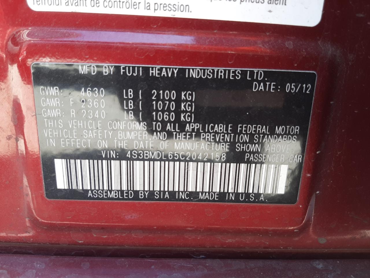 Photo 10 from auction – 2012 SUBARU LEGACY 3.6 with VIN 4S3BMDL65C2042158