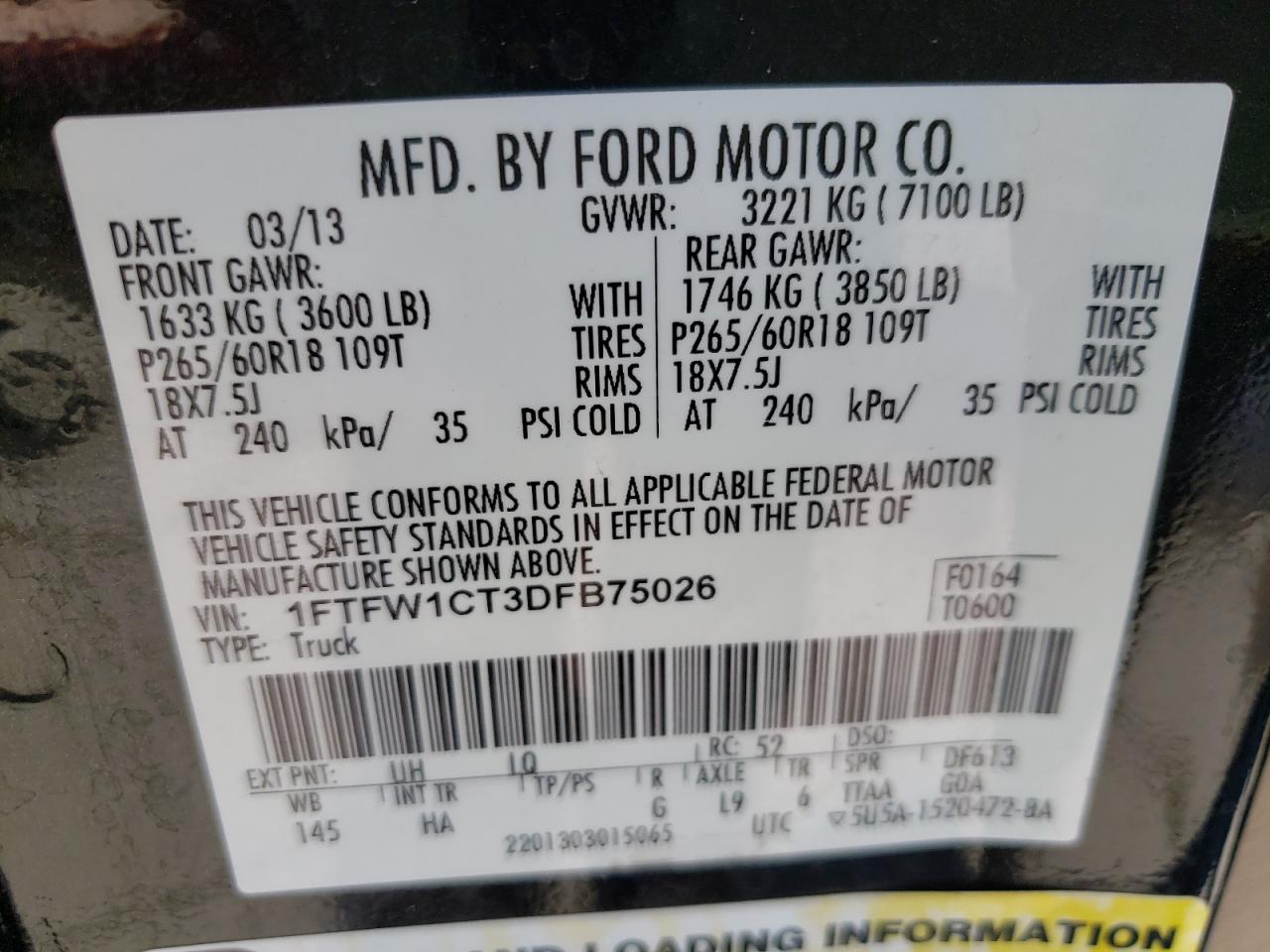 Photo 10 from auction – 2013 FORD F150 SUPER with VIN 1FTFW1CT3DFB75026