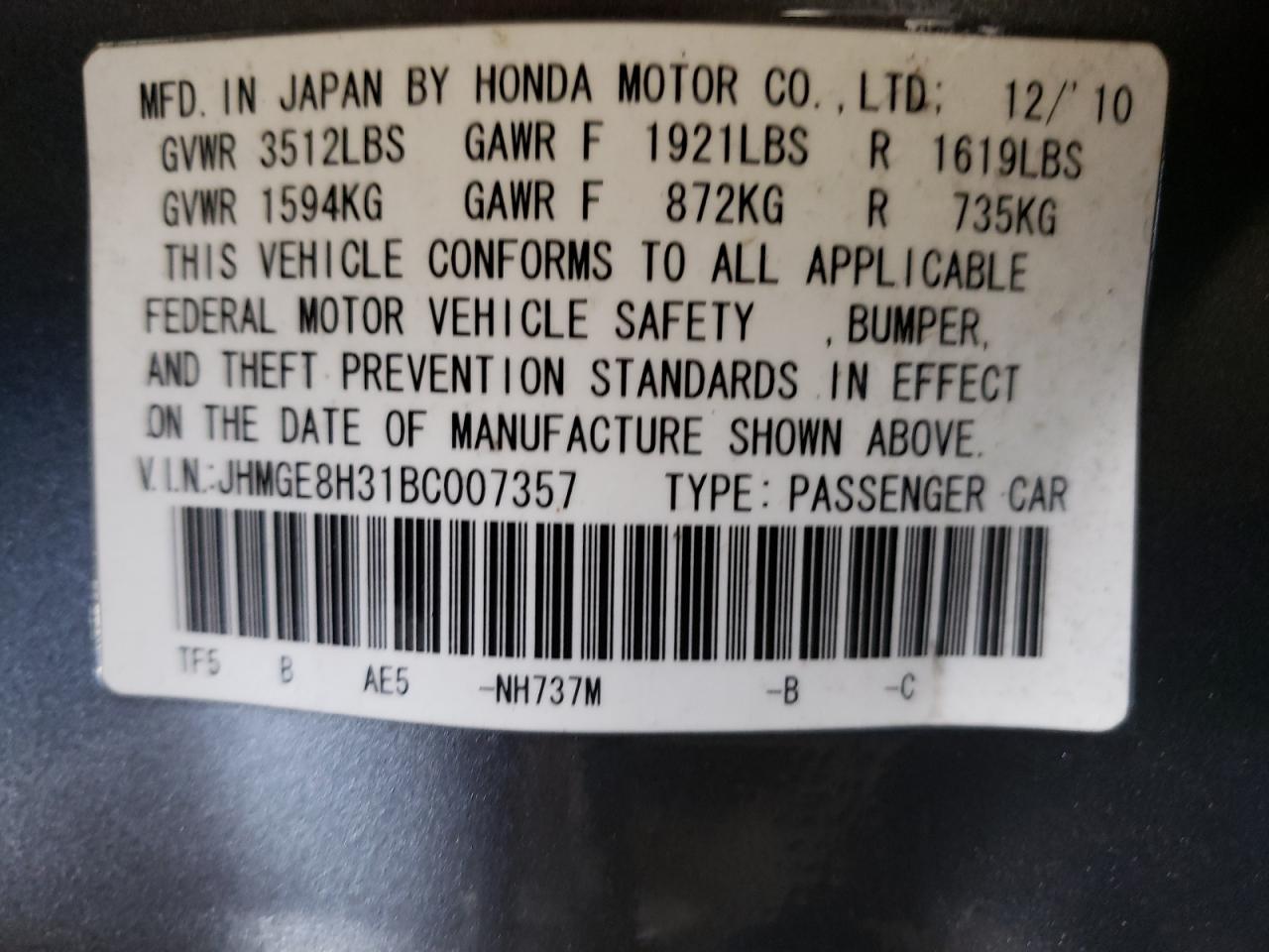 Photo 10 from auction – 2011 HONDA FIT with VIN JHMGE8H31BC007357