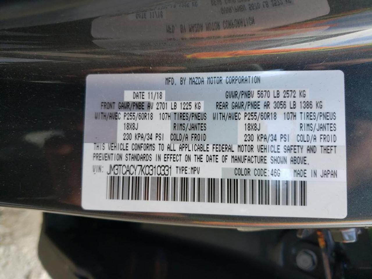Photo 10 from auction – 2019 MAZDA CX-9 TOURI with VIN JM3TCACY7K0310331