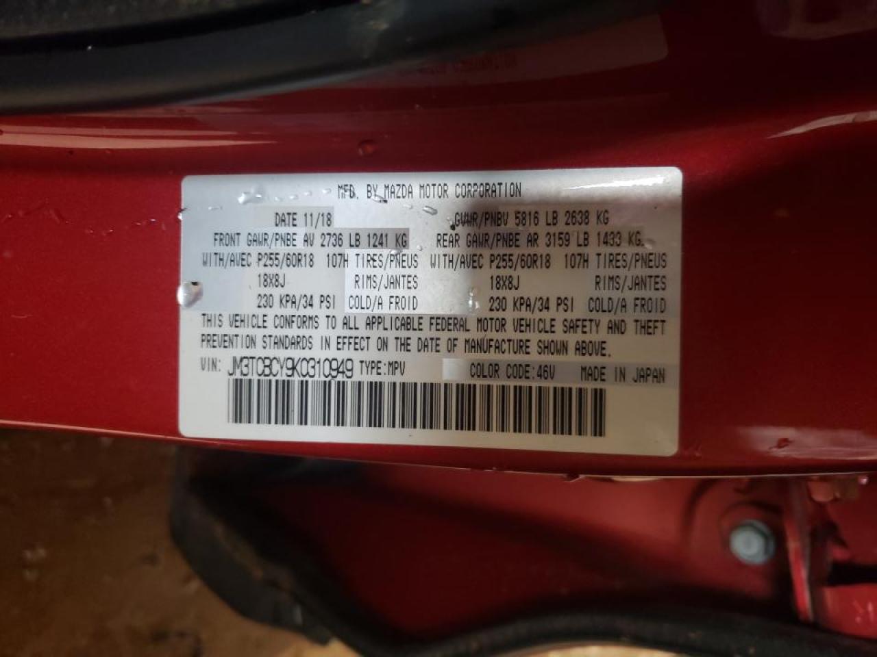 Photo 10 from auction – 2019 MAZDA CX-9 TOURI with VIN JM3TCBCY9K0310949
