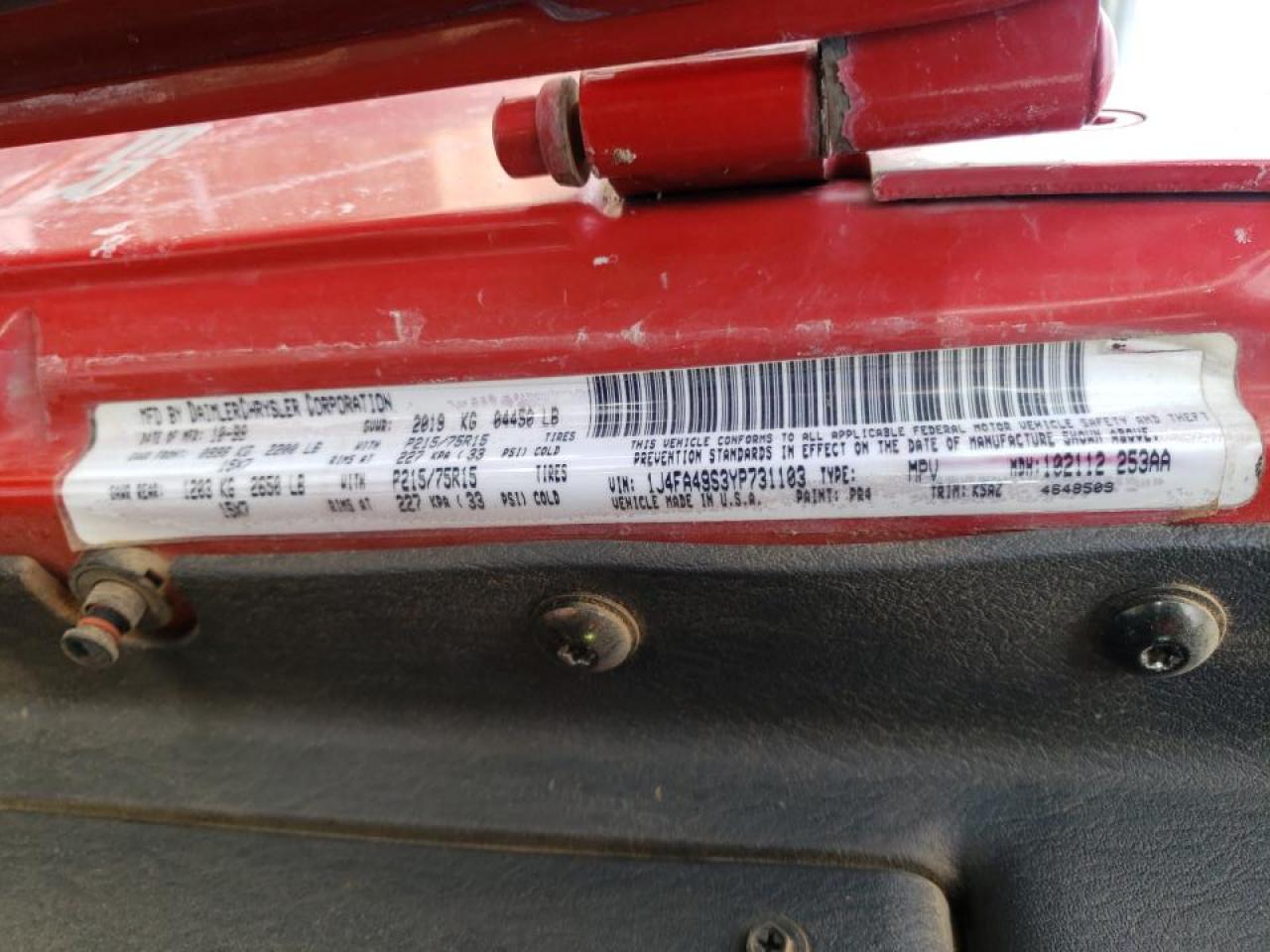 Photo 10 from auction – 2000 JEEP WRANGLER / with VIN 1J4FA49S3YP731103