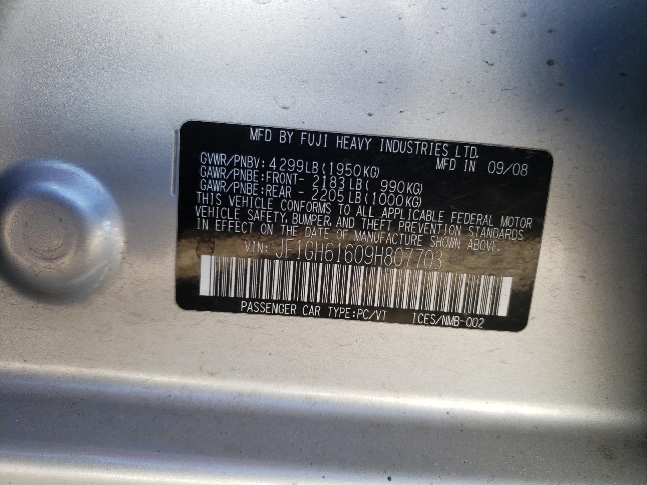 Photo 10 from auction – 2009 SUBARU IMPREZA 2. with VIN JF1GH61609H807703