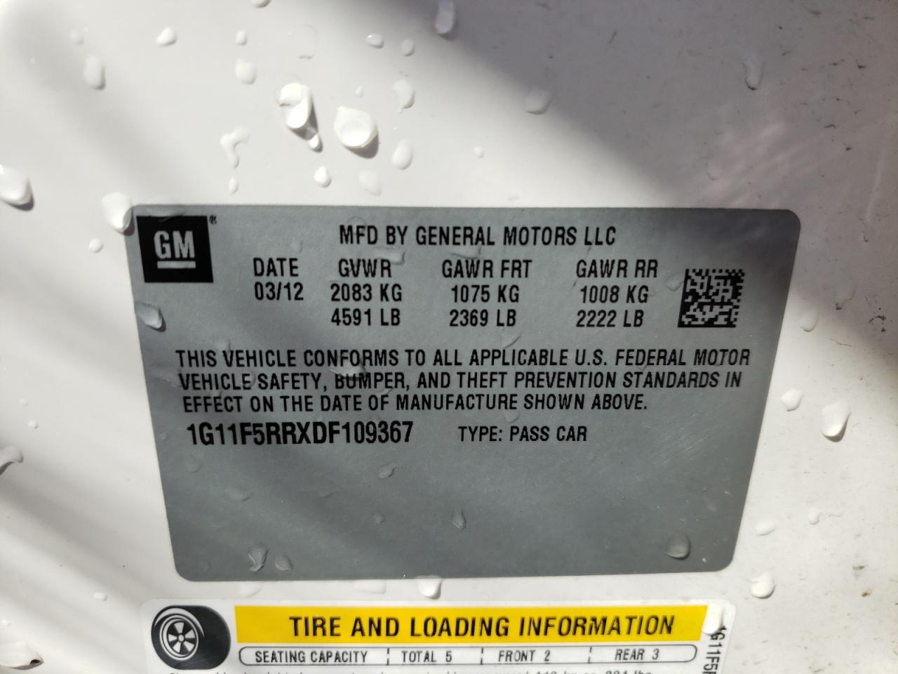Photo 10 from auction – 2013 CHEVROLET MALIBU 2LT with VIN 1G11F5RRXDF109367