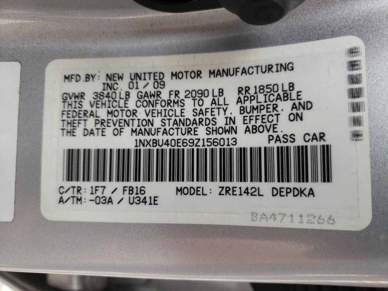 Photo 10 from auction – 2009 TOYOTA COROLLA BA with VIN 1NXBU40E69Z156013