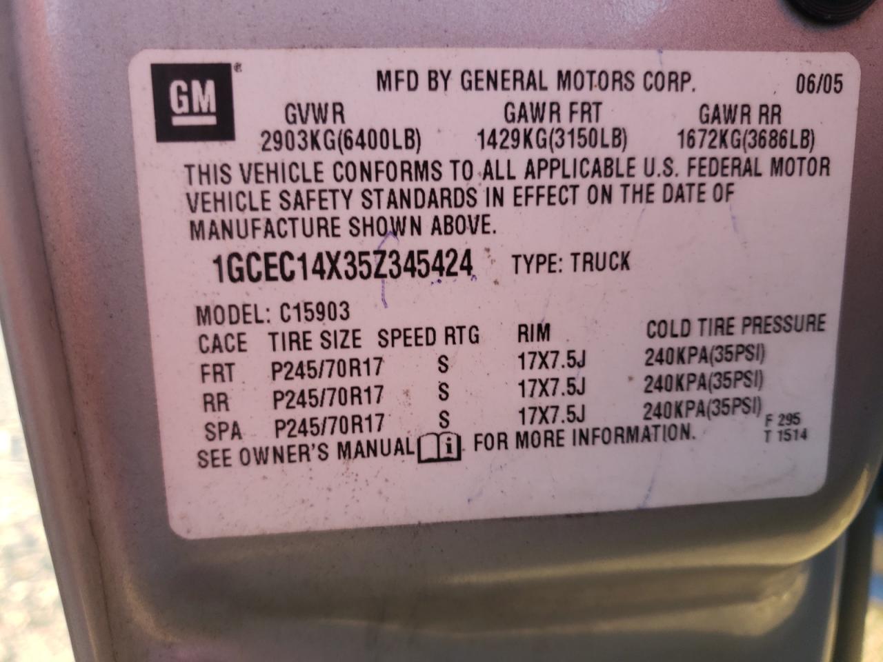 Photo 10 from auction – 2005 CHEVROLET SILVERADO with VIN 1GCEC14X35Z345424