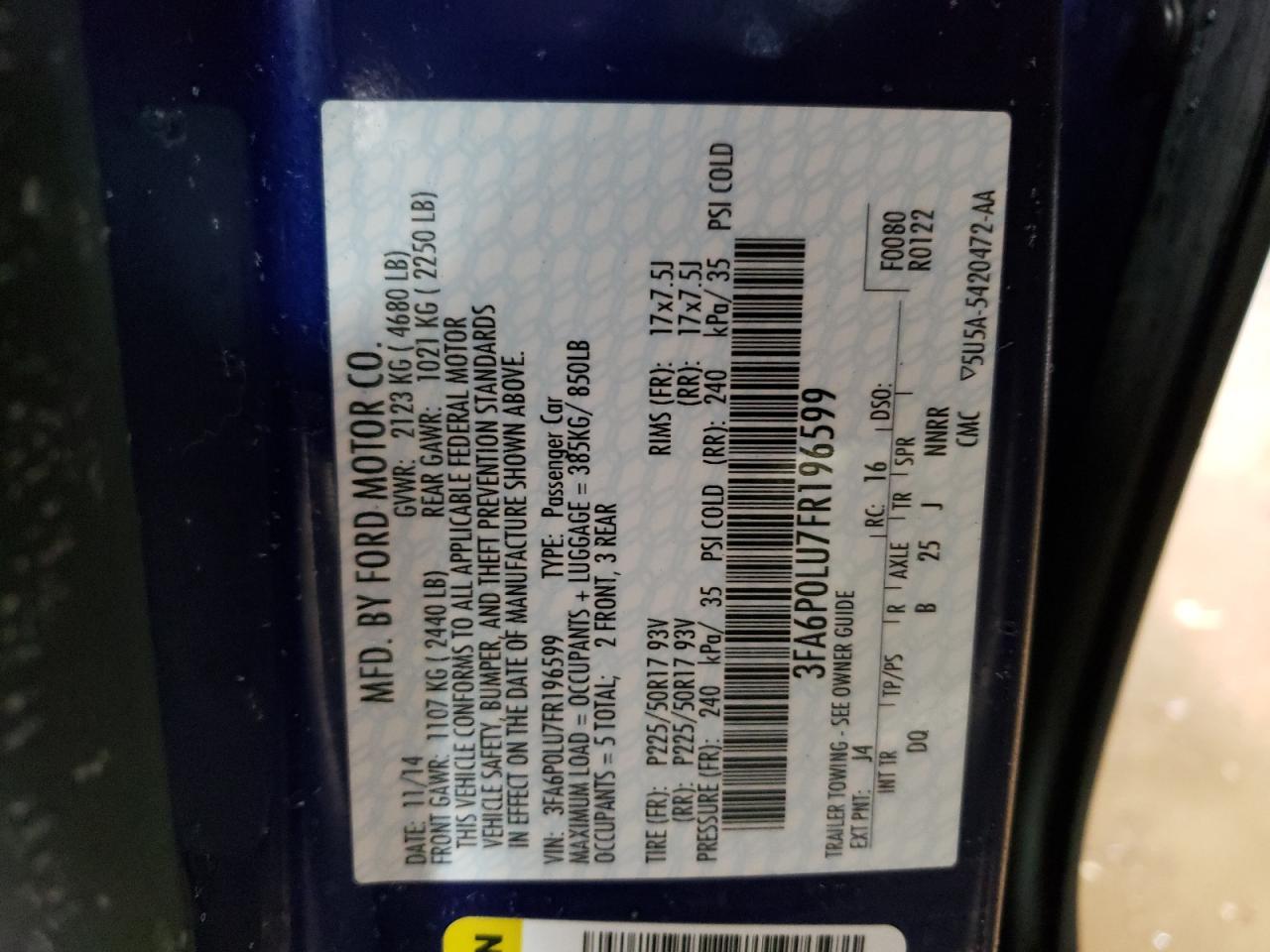 Photo 10 from auction – 2015 FORD FUSION SE with VIN 3FA6P0LU7FR196599