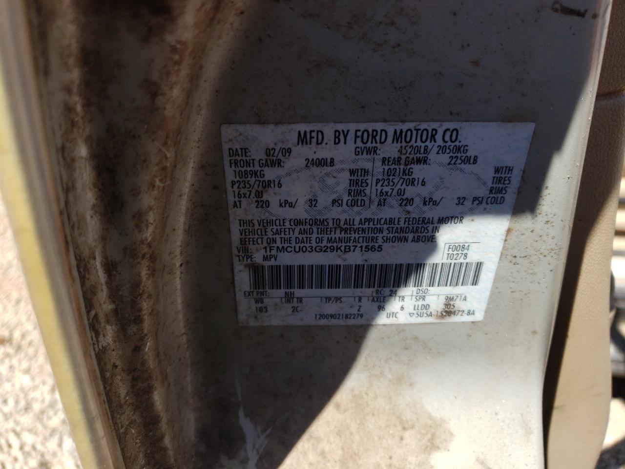 Photo 10 from auction – 2009 FORD ESCAPE XLT with VIN 1FMCU03G29KB71565