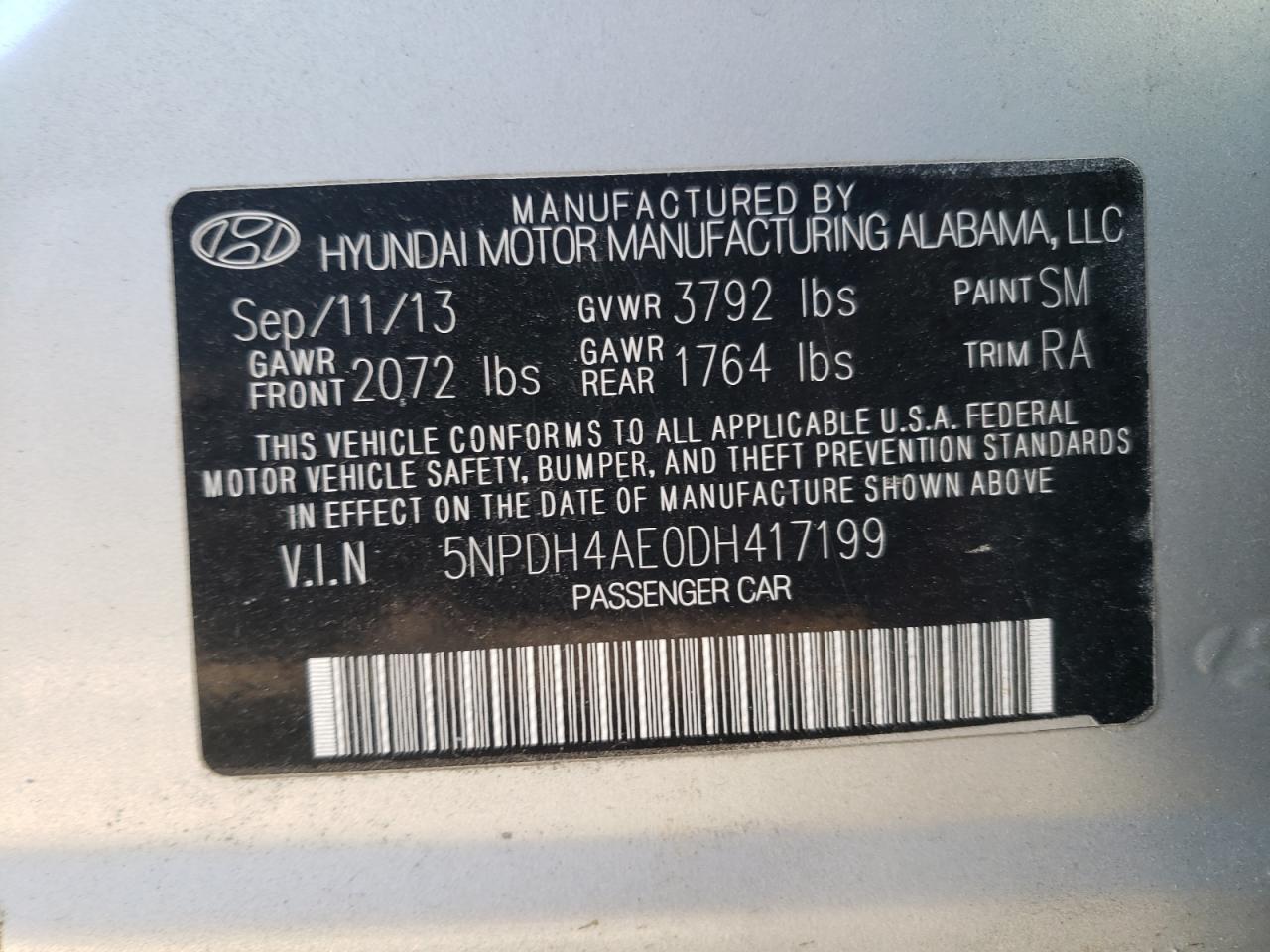 Photo 10 from auction – 2013 HYUNDAI ELANTRA GL with VIN 5NPDH4AE0DH417199