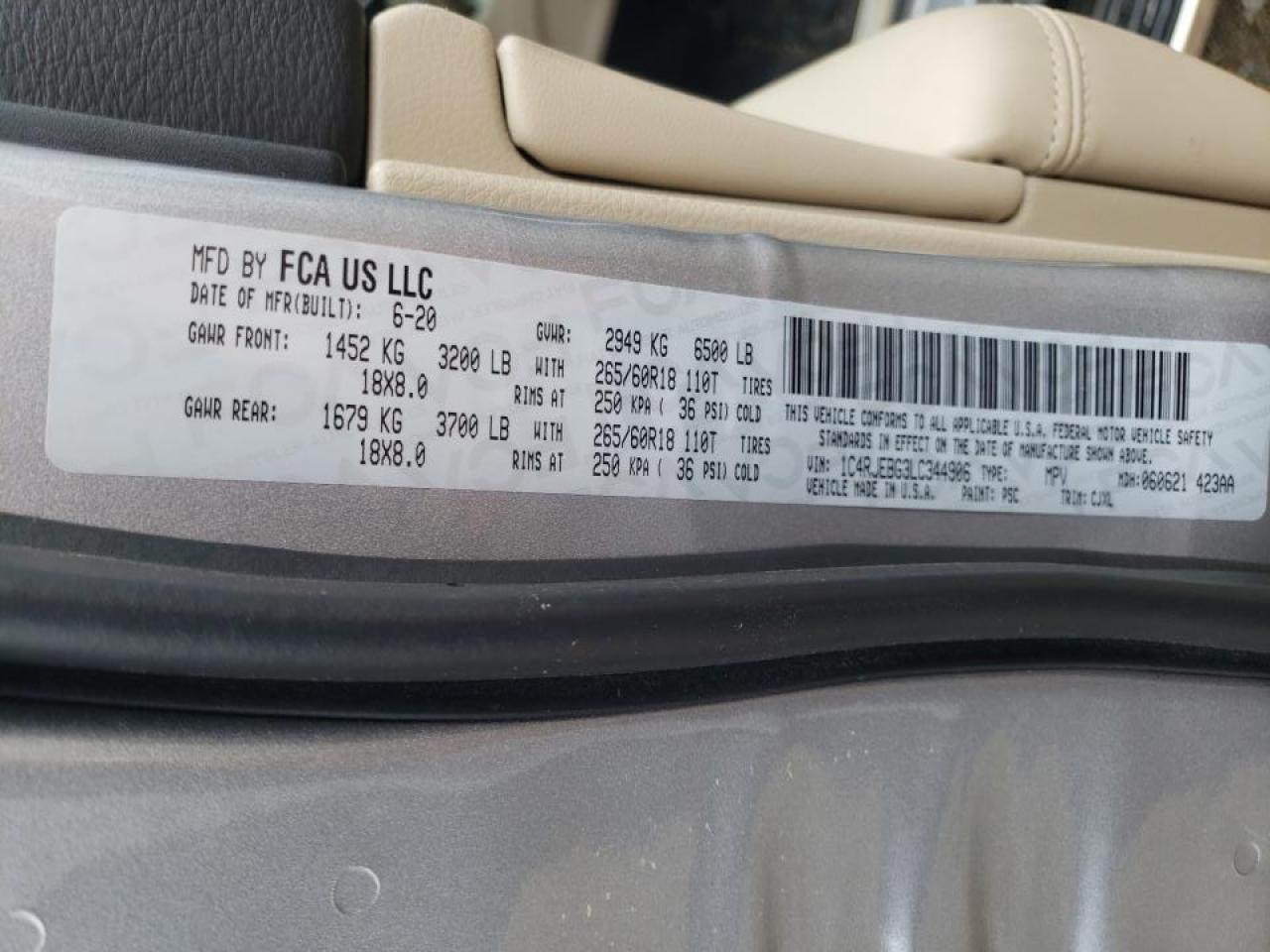 Photo 10 from auction – 2020 JEEP GRAND CHER with VIN 1C4RJEBG3LC344906