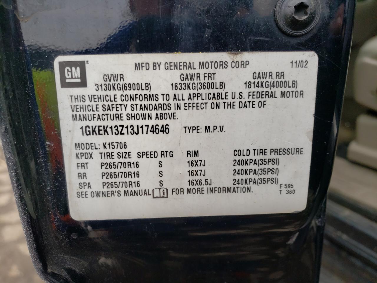 Photo 10 from auction – 2003 GMC YUKON with VIN 1GKEK13Z13J174646